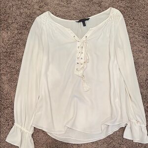 Cream Long Sleeve Relaxed Blouse with Tie Front
